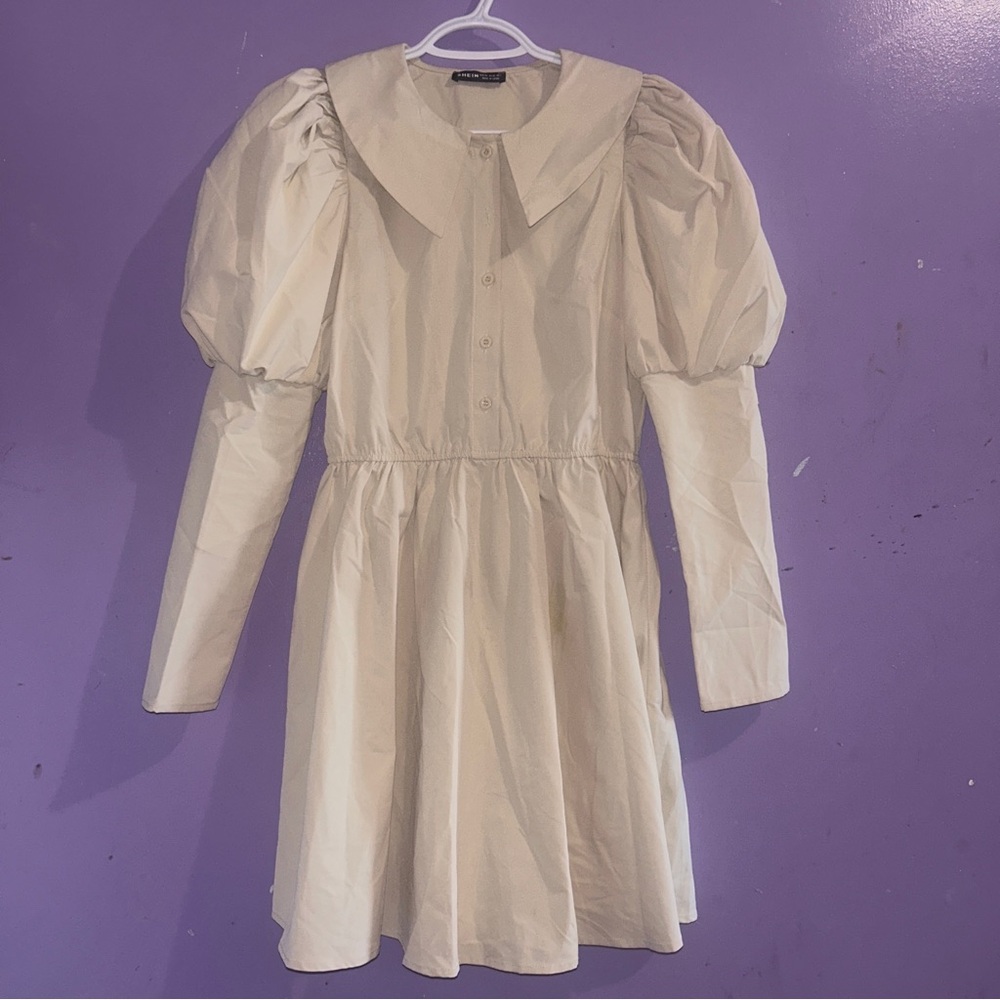 Classic Cream Puff Sleeve Dress Peter Pan Collar Buttoned Long Sleeve Dress